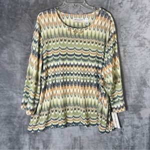 Alfred Dunner Green Multicolor Wave-Print Long Sleeve Tunic